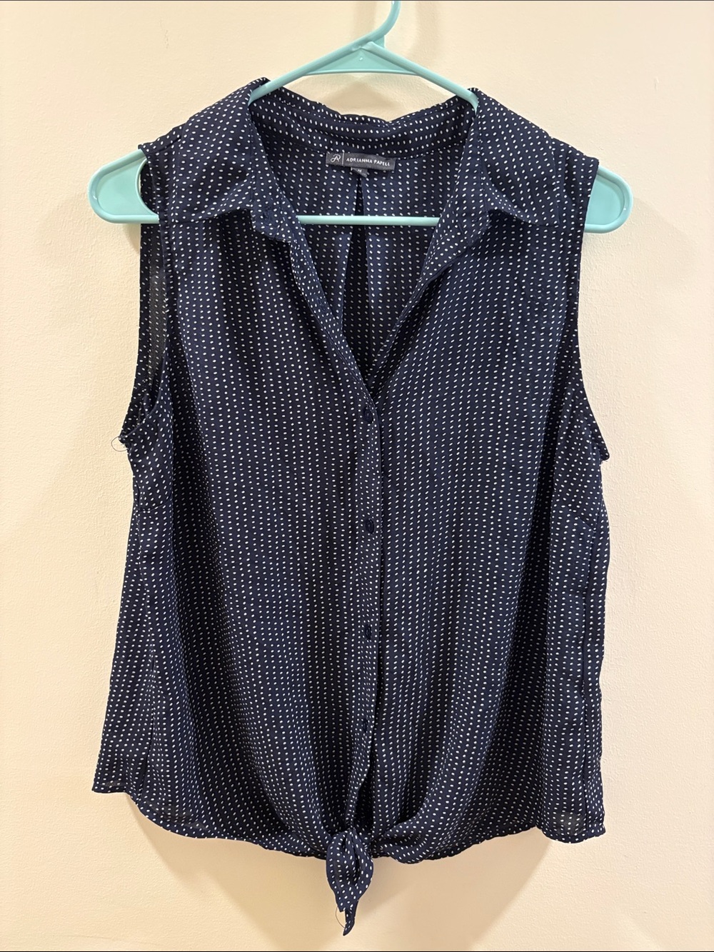 Adrianna Papell Navy and White Sleeveless Button-Front Tie Blouse